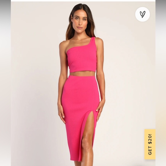 Lulus Dresses & Skirts - Hot pink two piece set. Midi skirt with slit, one shoulder crop top.